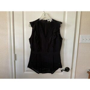 Veronica Beard Silk V-Neck Blouse Top Black Size 10 Back Zip Sleeveless Ruffle
